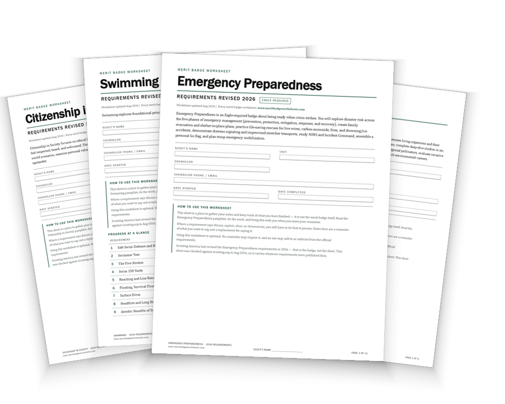 Sample printed merit badge worksheets including Emergency Preparedness, Swimming, Citizenship in Society, and Environmental Science