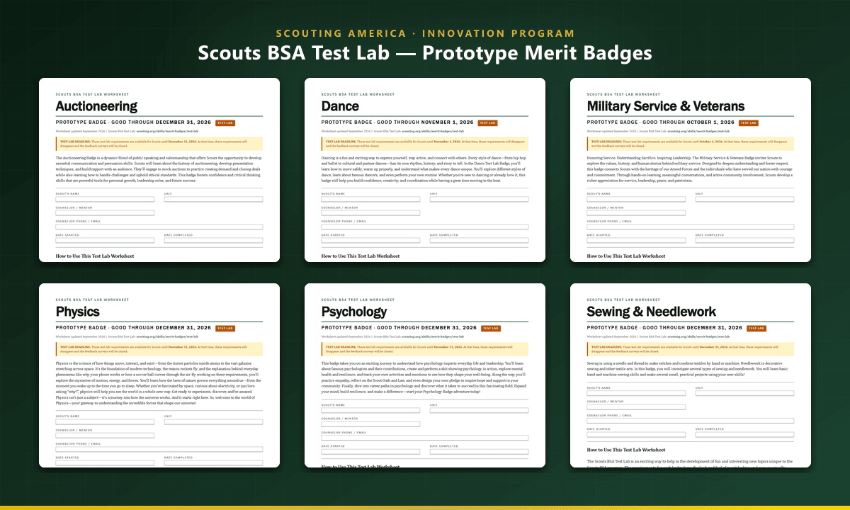 Scouts BSA Test Lab Prototype Merit Badges collage showing Auctioneering, Dance, Military Service, Physics, Psychology, and Sewing worksheets